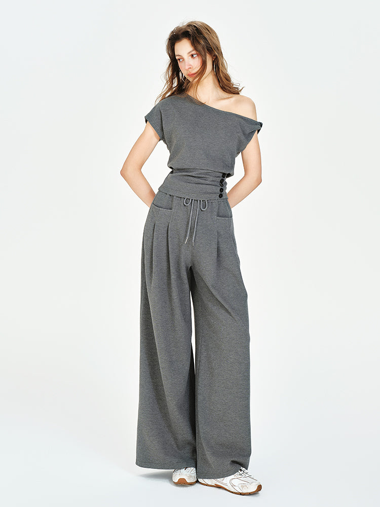 One-Shoulder Ruched Waist Top, Wide-Leg Pants