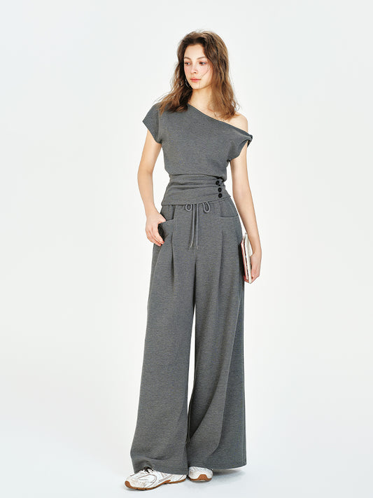 One-Shoulder Ruched Waist Top, Wide-Leg Pants