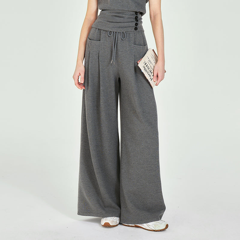 One-Shoulder Ruched Waist Top, Wide-Leg Pants