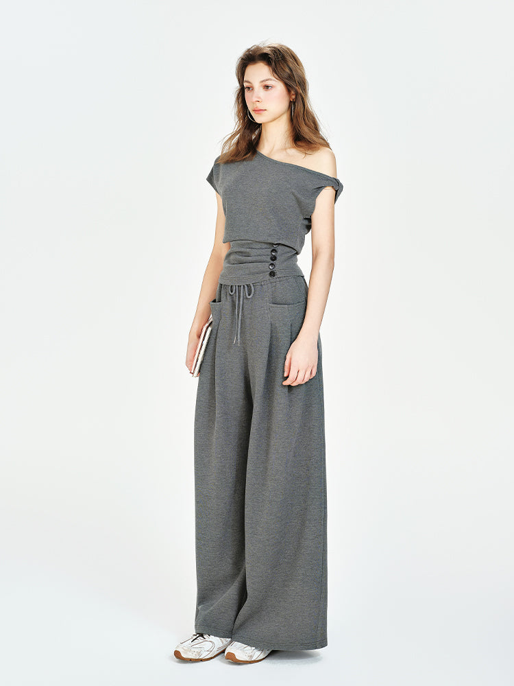 One-Shoulder Ruched Waist Top, Wide-Leg Pants