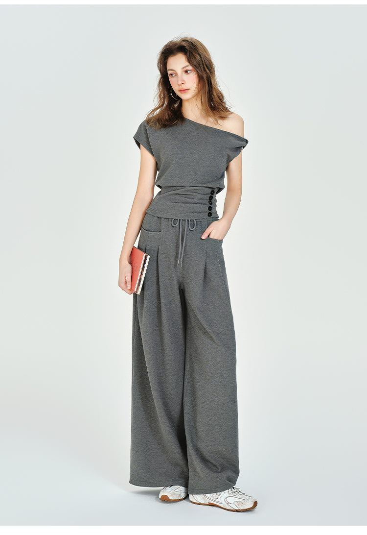 One-Shoulder Ruched Waist Top, Wide-Leg Pants