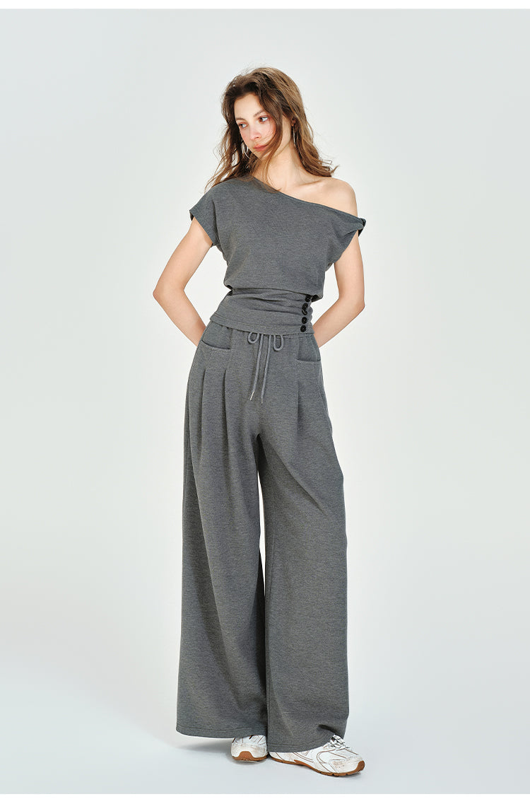 One-Shoulder Ruched Waist Top, Wide-Leg Pants