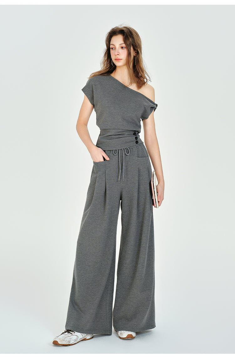 One-Shoulder Ruched Waist Top, Wide-Leg Pants