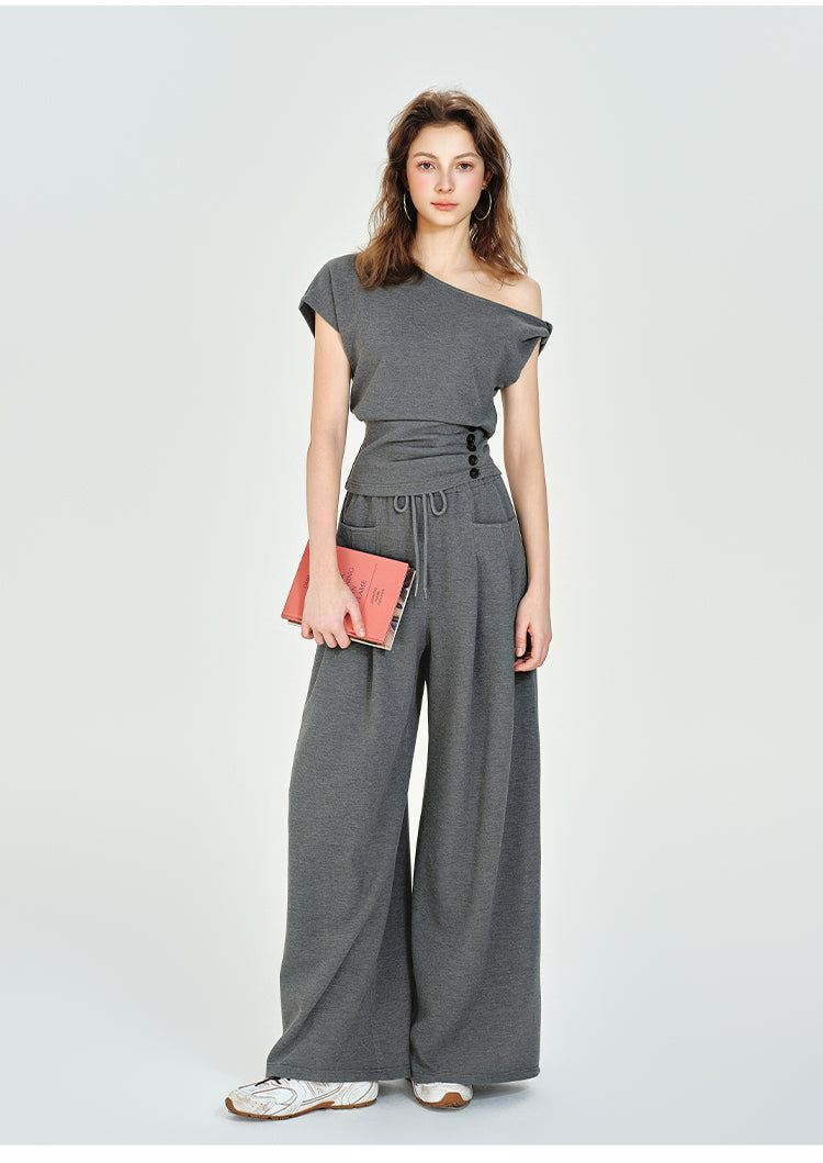 One-Shoulder Ruched Waist Top, Wide-Leg Pants