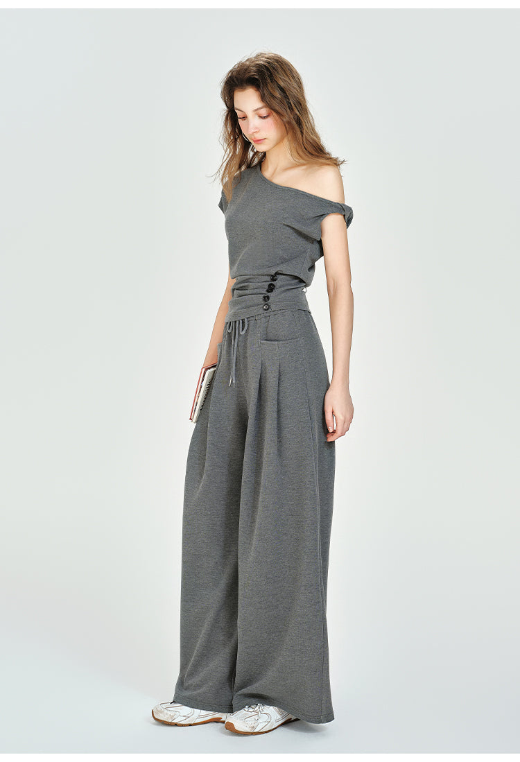 One-Shoulder Ruched Waist Top, Wide-Leg Pants