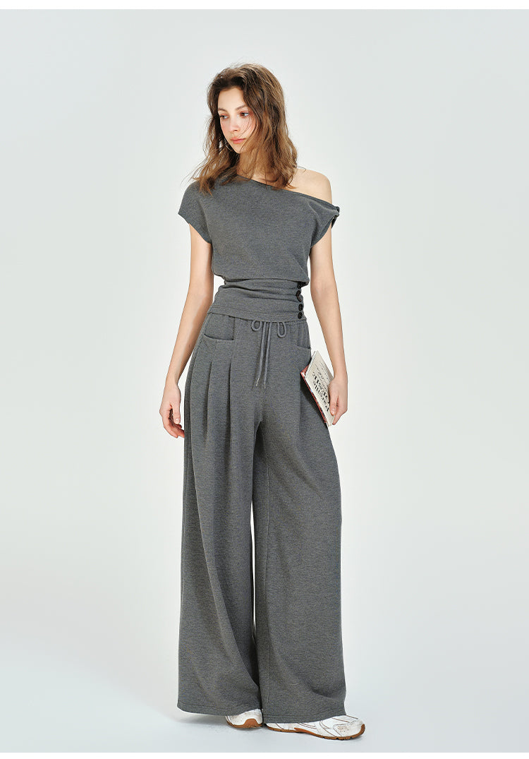 One-Shoulder Ruched Waist Top, Wide-Leg Pants