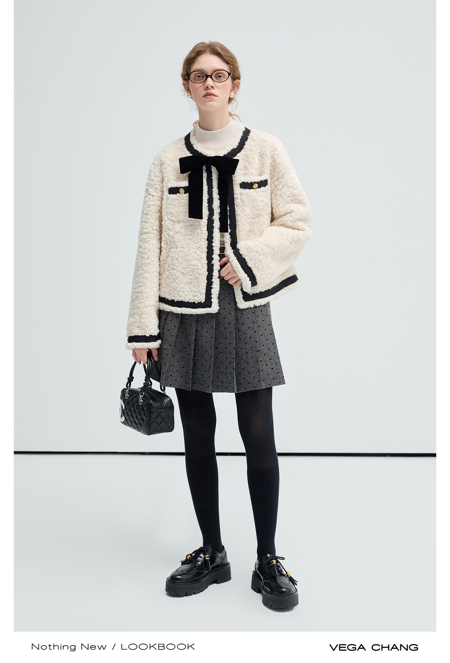 Faux Fur Collarless Bow Jacket With Bold Contrast