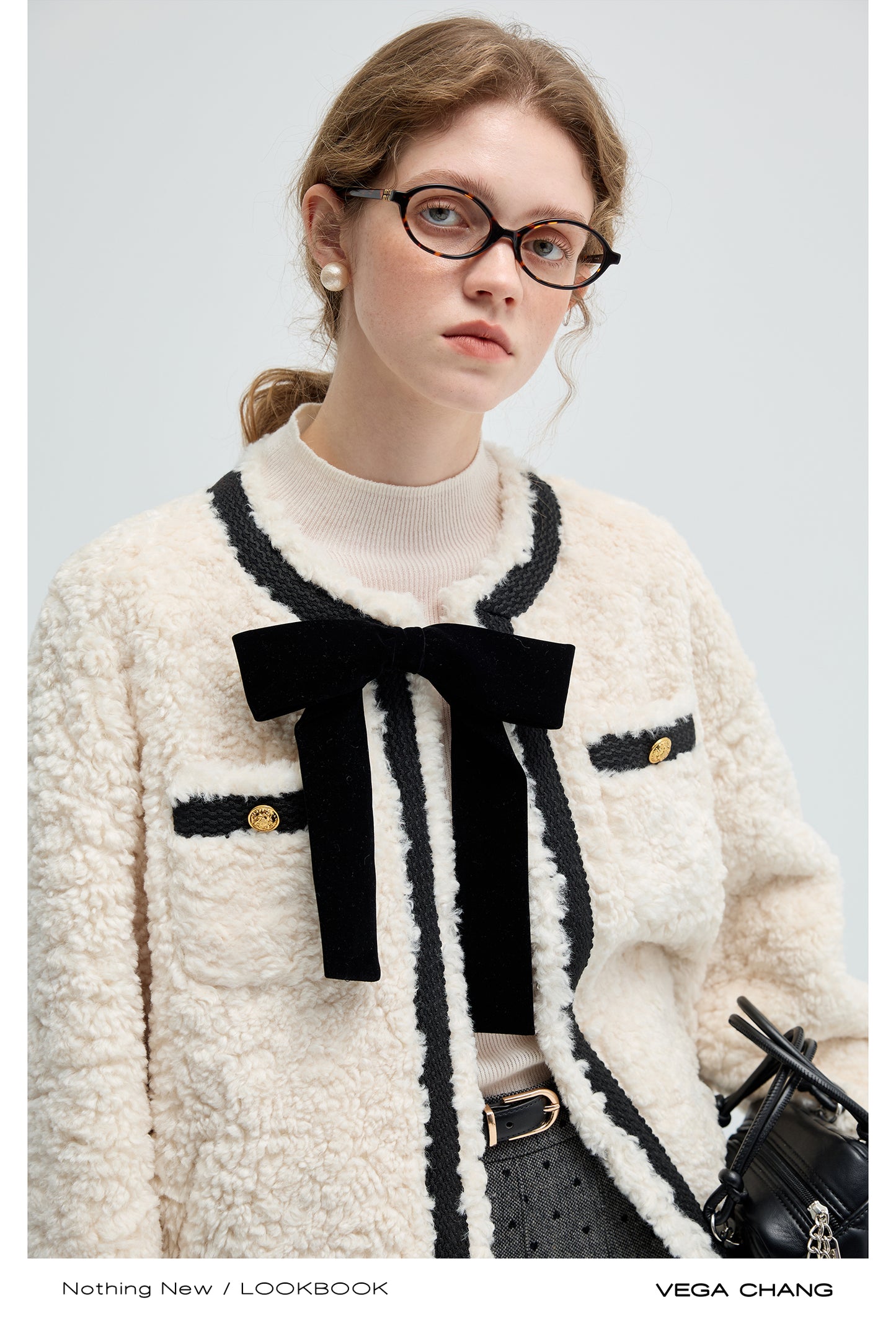 Faux Fur Collarless Bow Jacket With Bold Contrast