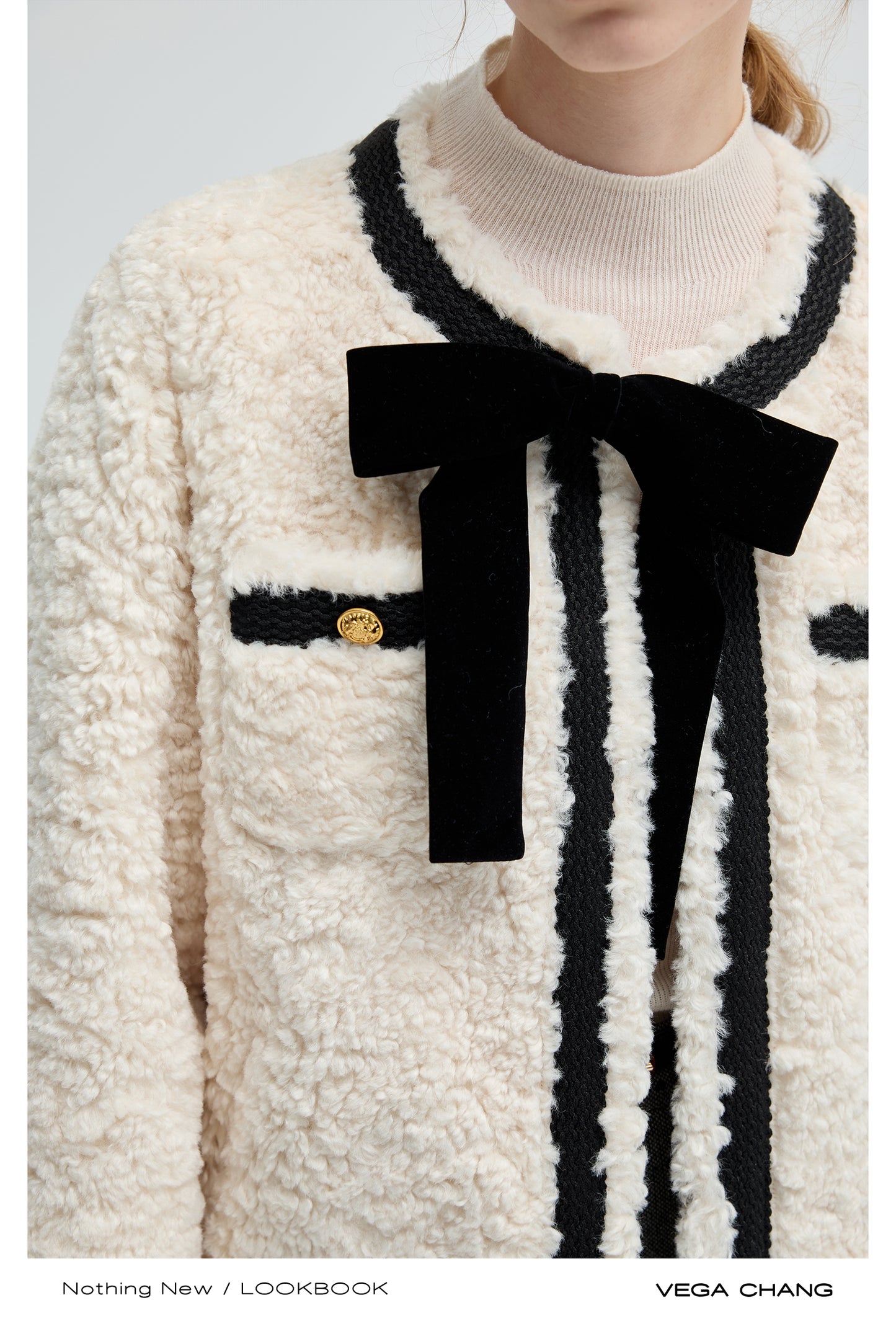 Faux Fur Collarless Bow Jacket With Bold Contrast