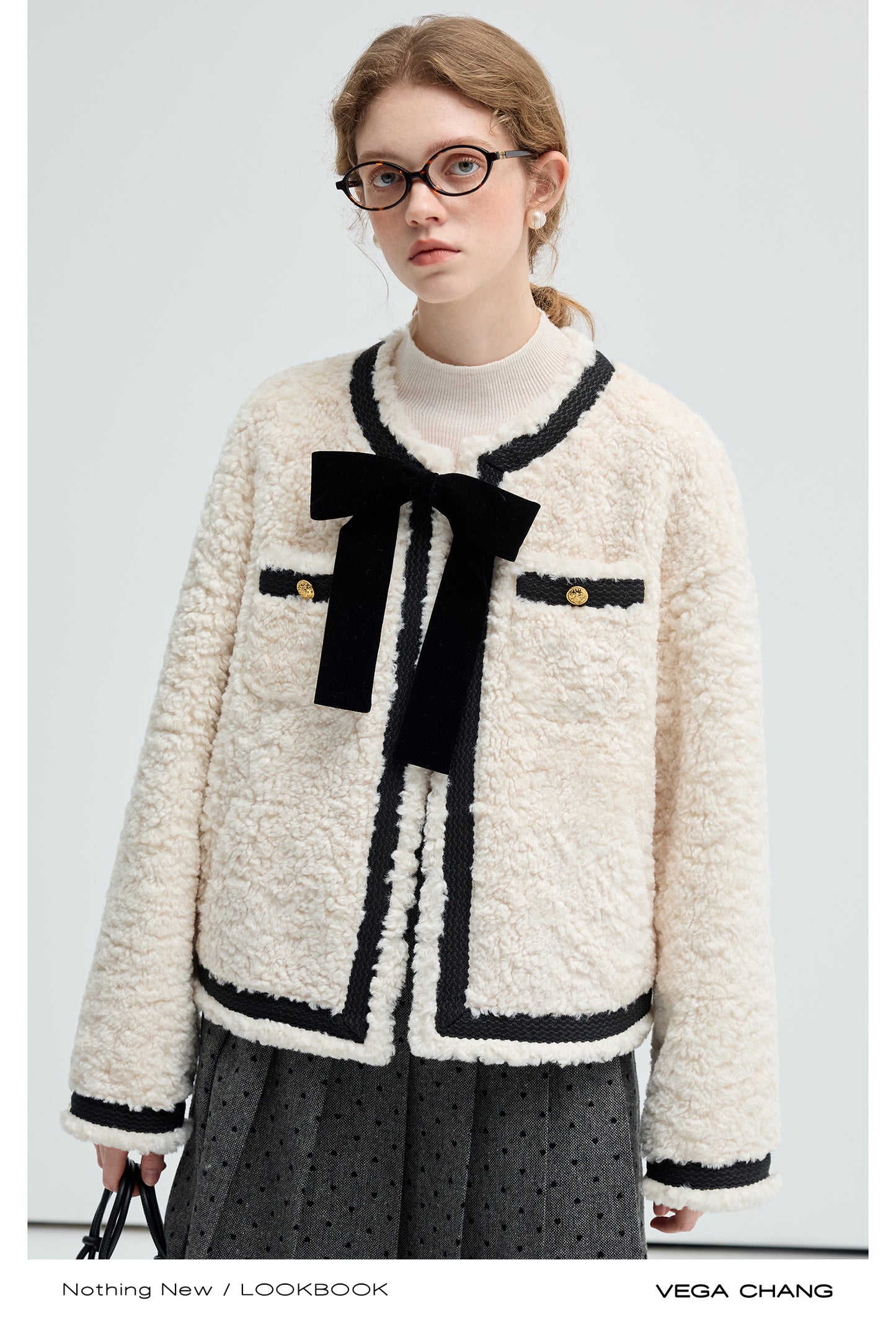 Faux Fur Collarless Bow Jacket With Bold Contrast