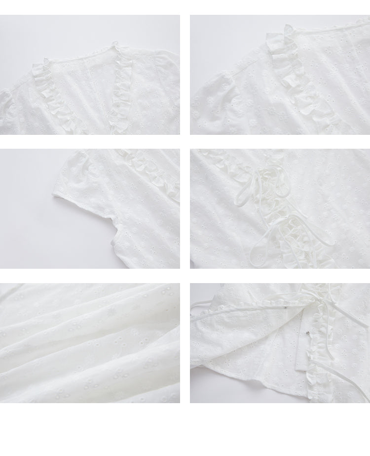 Dot Embroidery Frilled Tie-Front Blouse