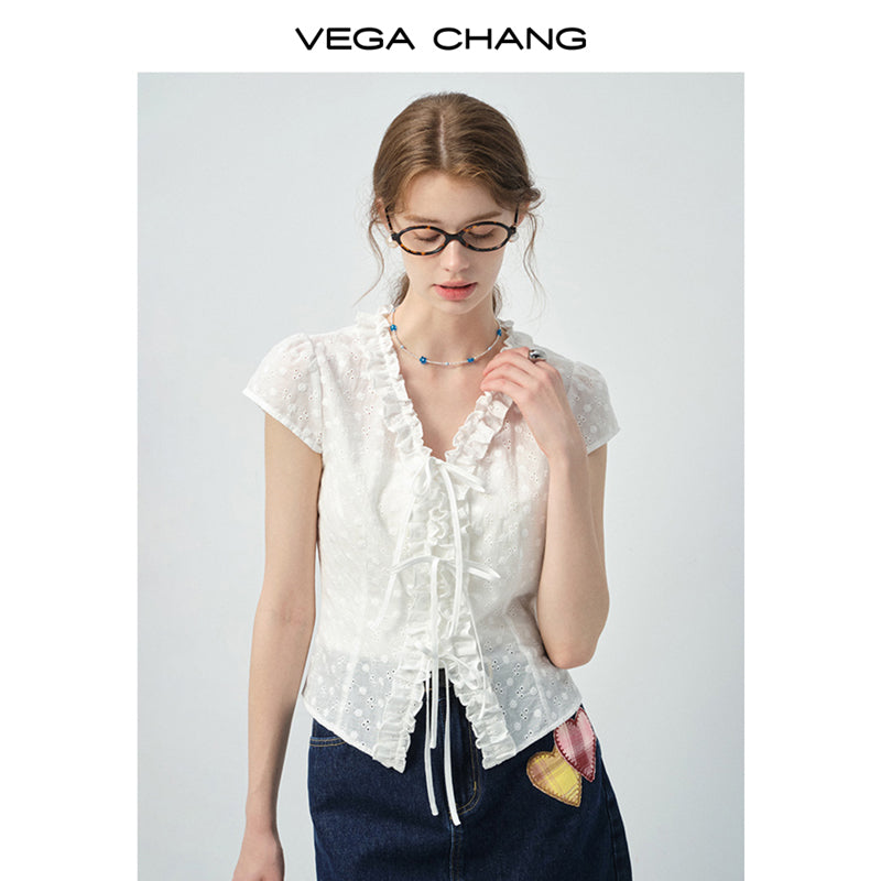Dot Embroidery Frilled Tie-Front Blouse