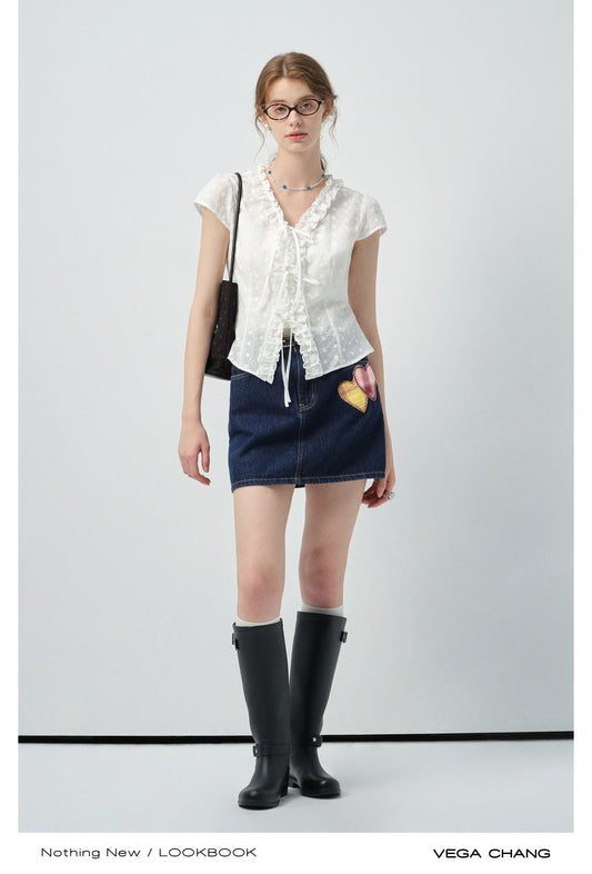 Dot Embroidery Frilled Tie-Front Blouse