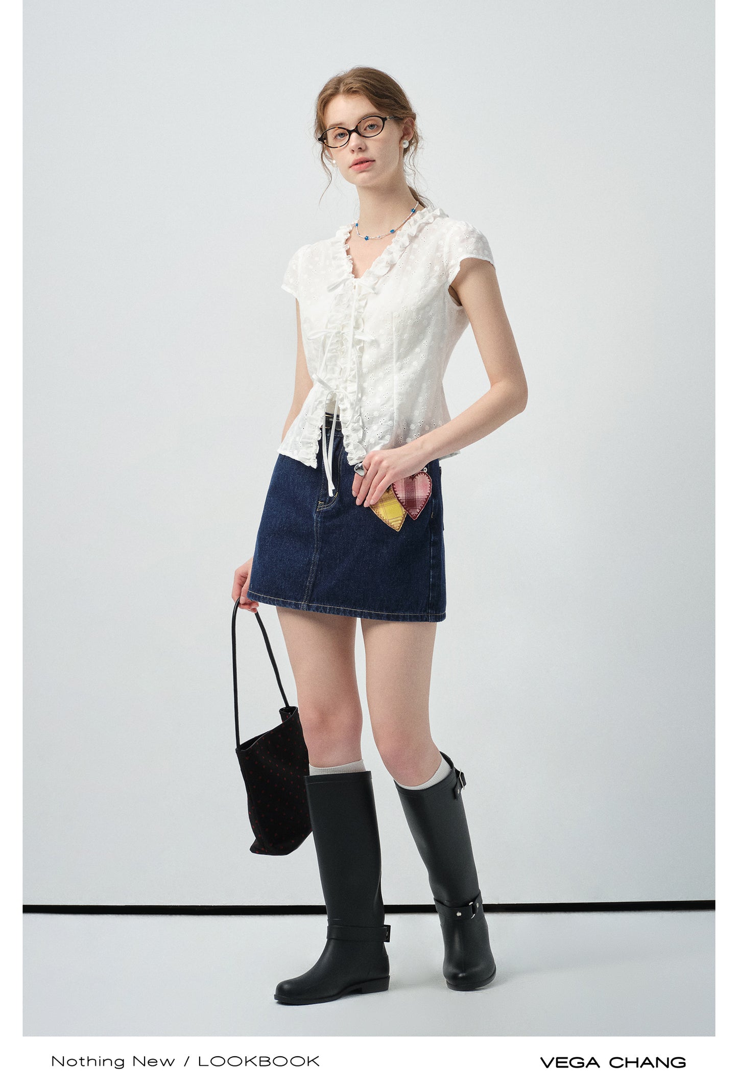 Dot Embroidery Frilled Tie-Front Blouse