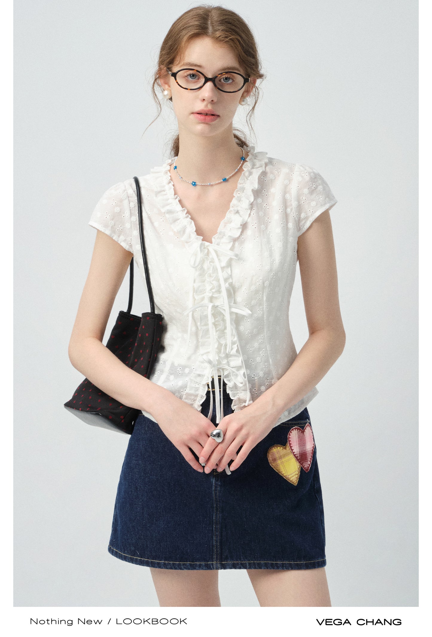 Dot Embroidery Frilled Tie-Front Blouse