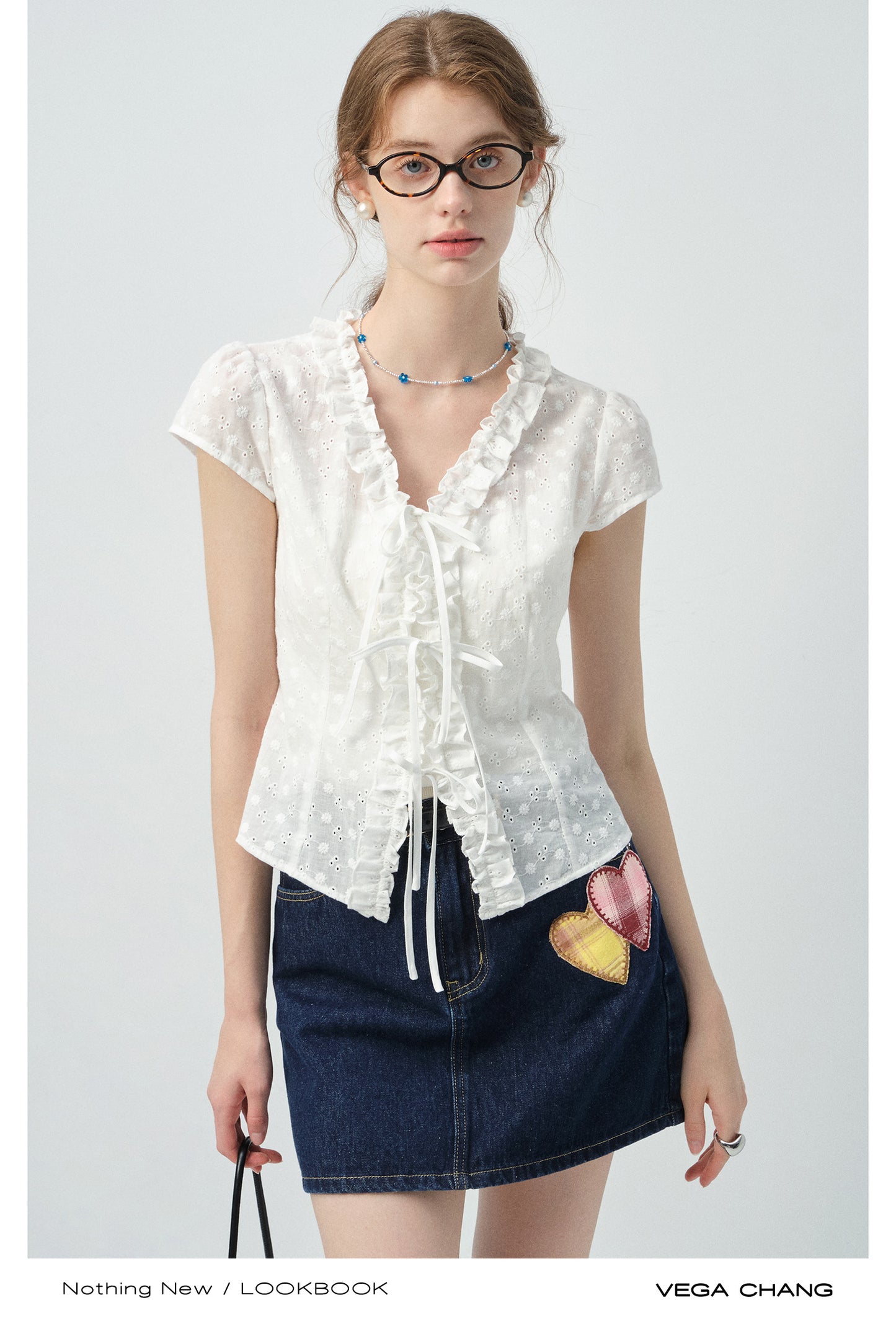 Dot Embroidery Frilled Tie-Front Blouse