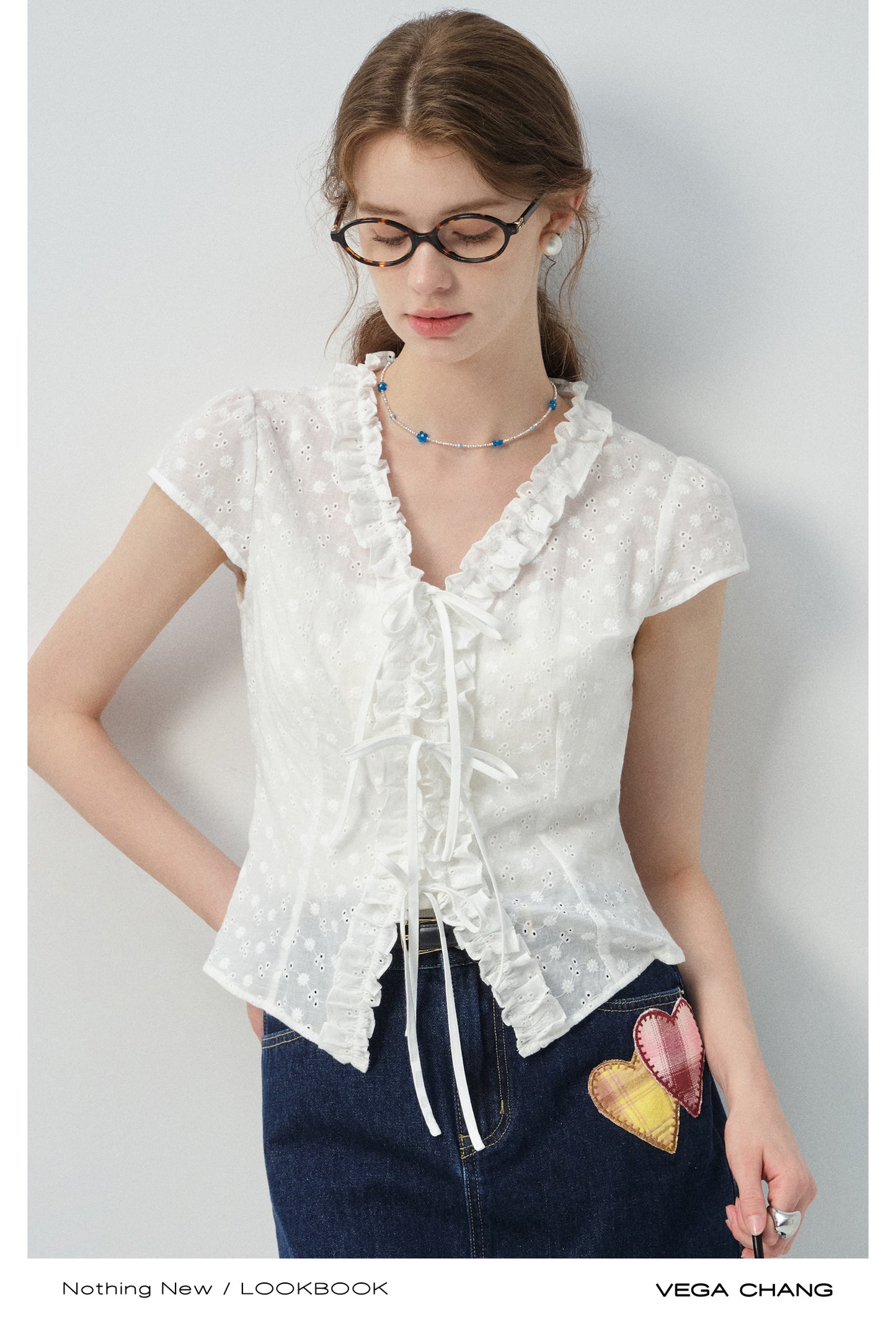 Dot Embroidery Frilled Tie-Front Blouse