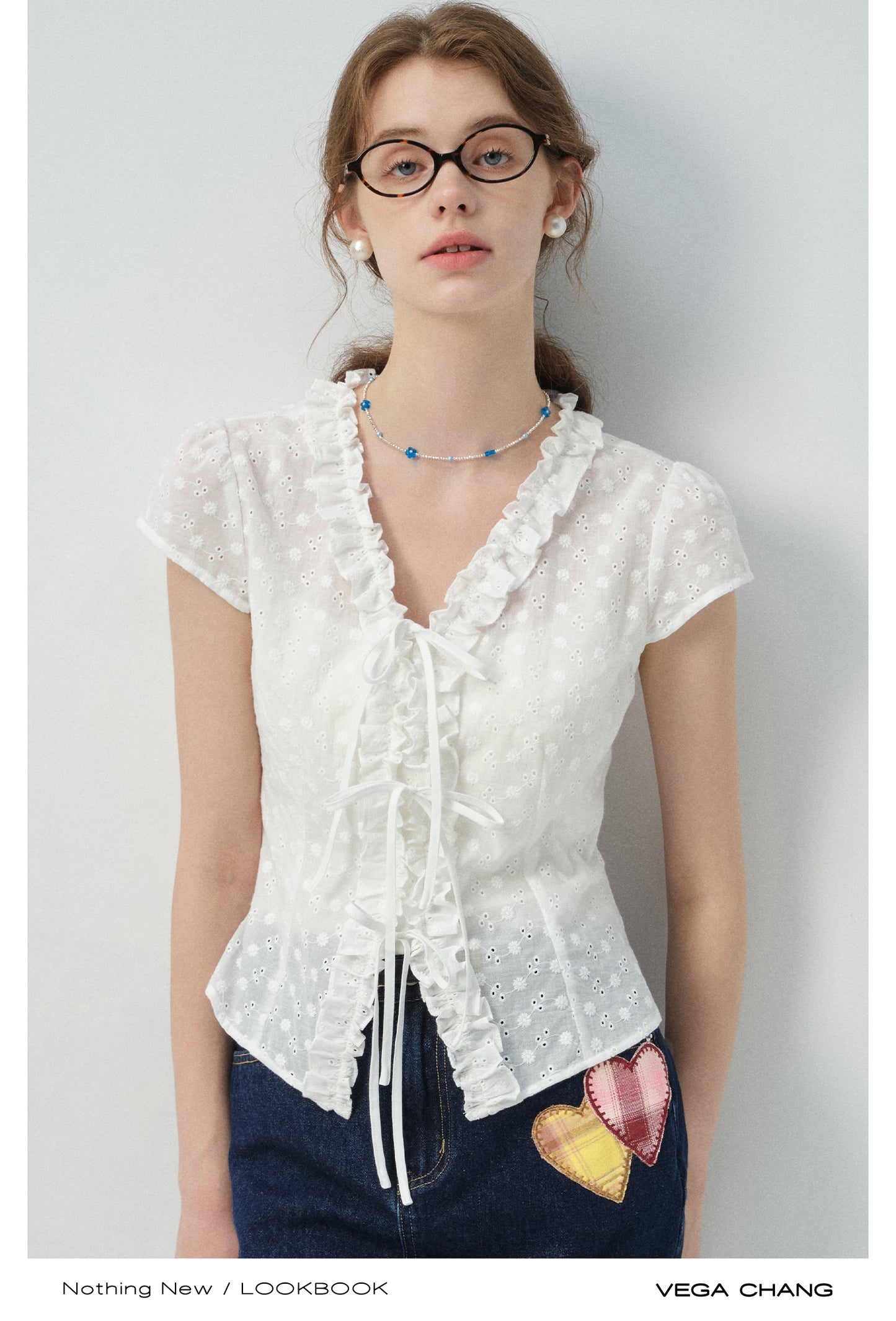 Dot Embroidery Frilled Tie-Front Blouse