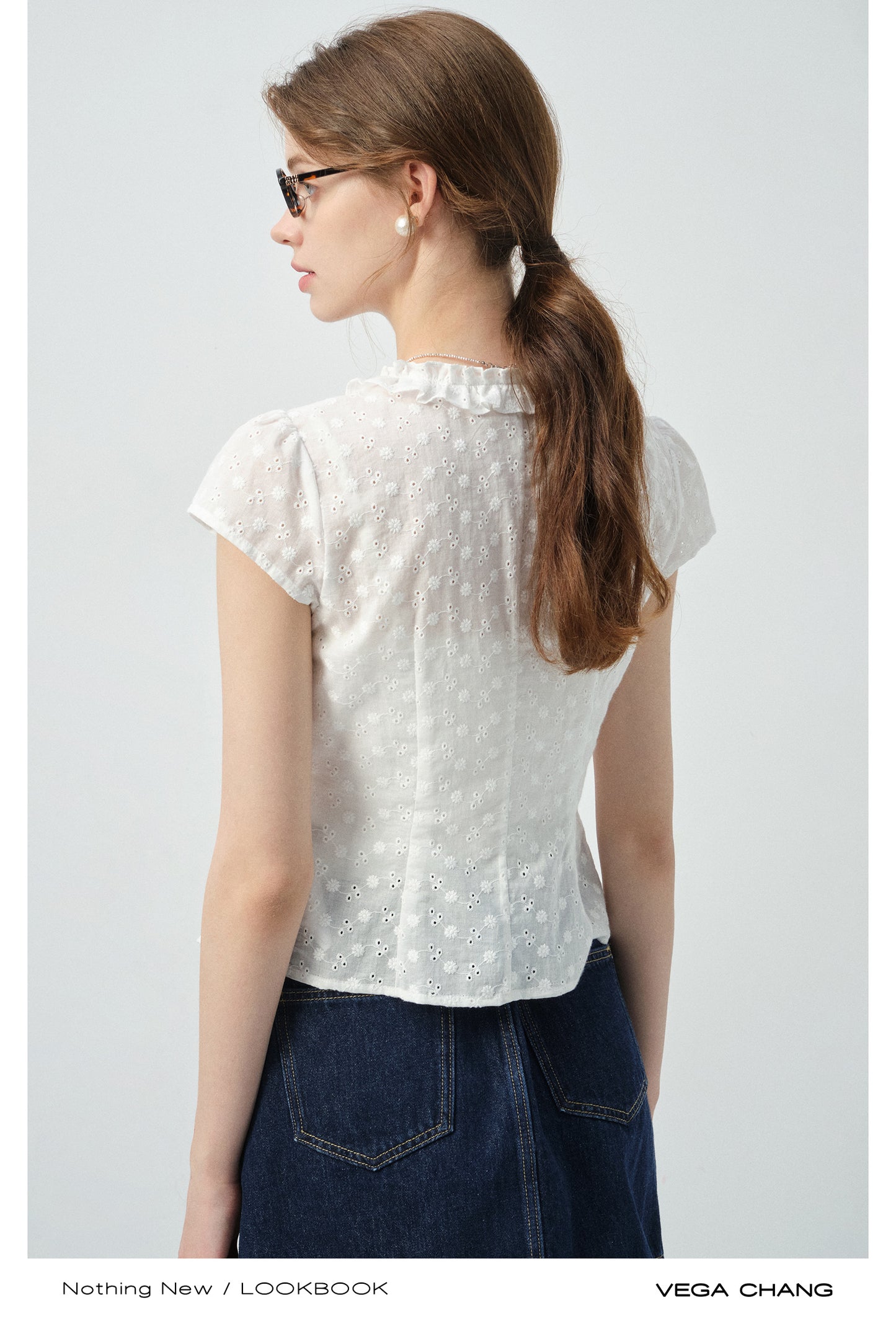 Dot Embroidery Frilled Tie-Front Blouse