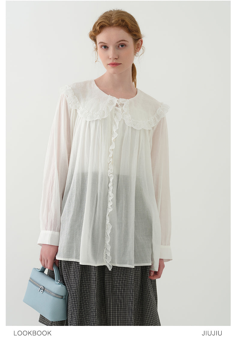 Lace Doll Collar Sheer Cotton Gauze Blouse