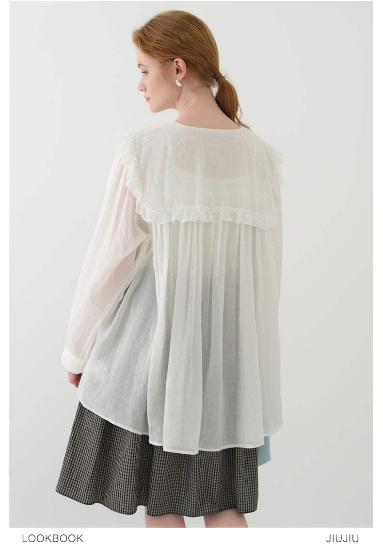 Lace Doll Collar Sheer Cotton Gauze Blouse