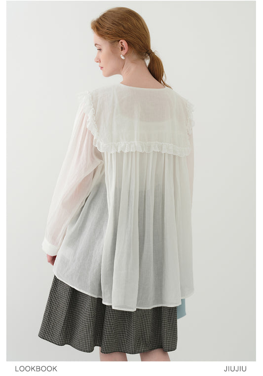 Lace Doll Collar Sheer Cotton Gauze Blouse