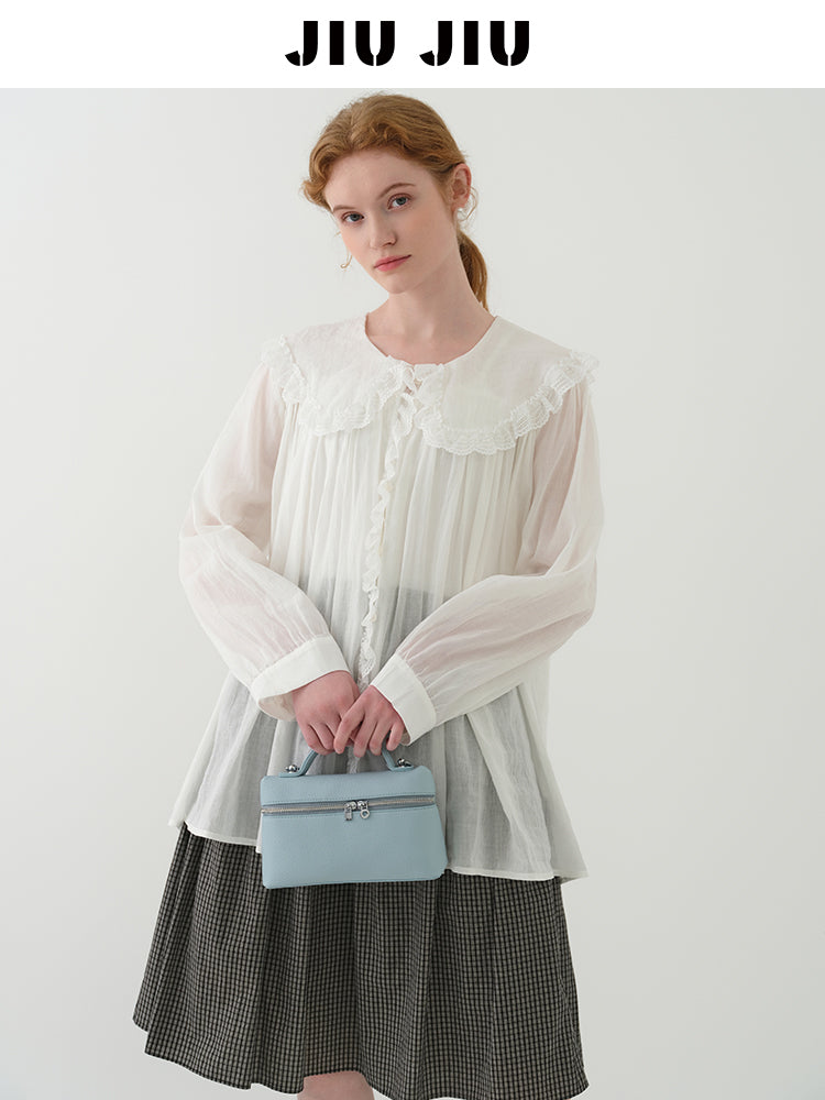 Lace Doll Collar Sheer Cotton Gauze Blouse