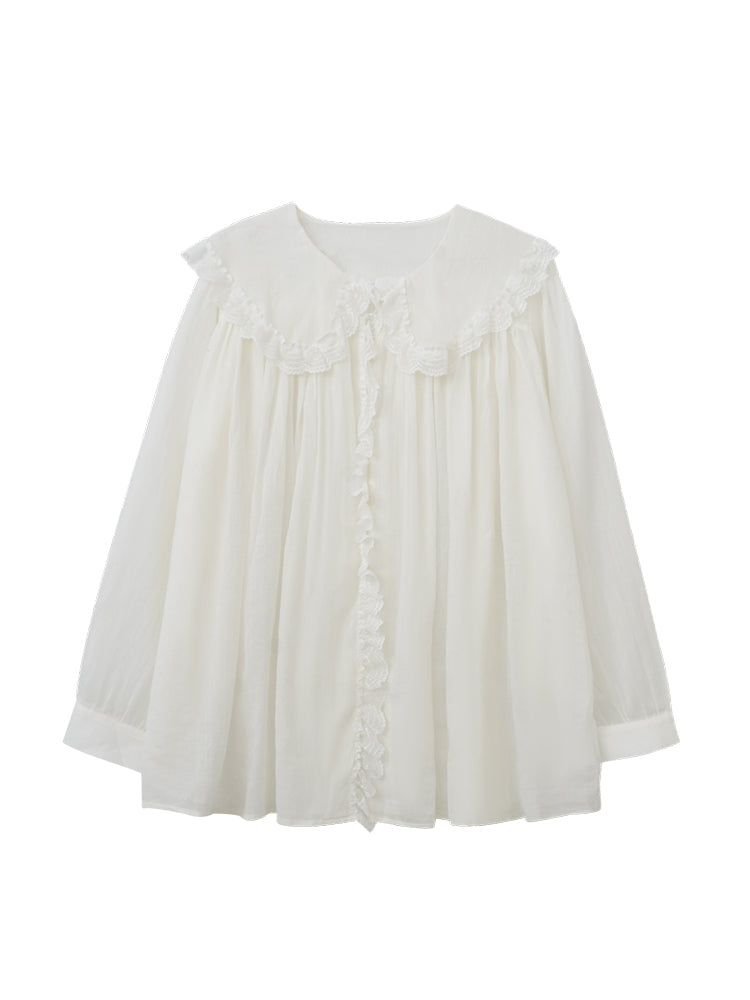 Lace Doll Collar Sheer Cotton Gauze Blouse