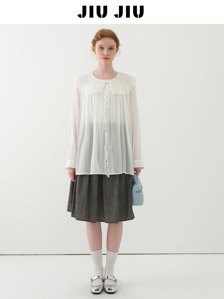 Lace Doll Collar Sheer Cotton Gauze Blouse