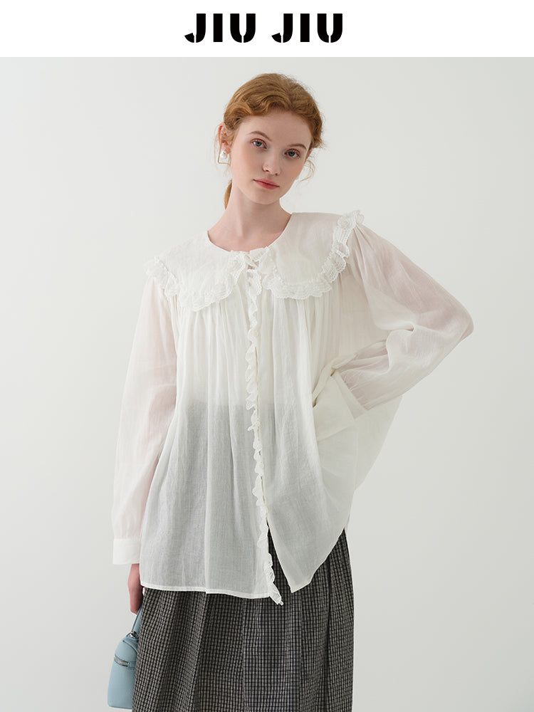 Lace Doll Collar Sheer Cotton Gauze Blouse