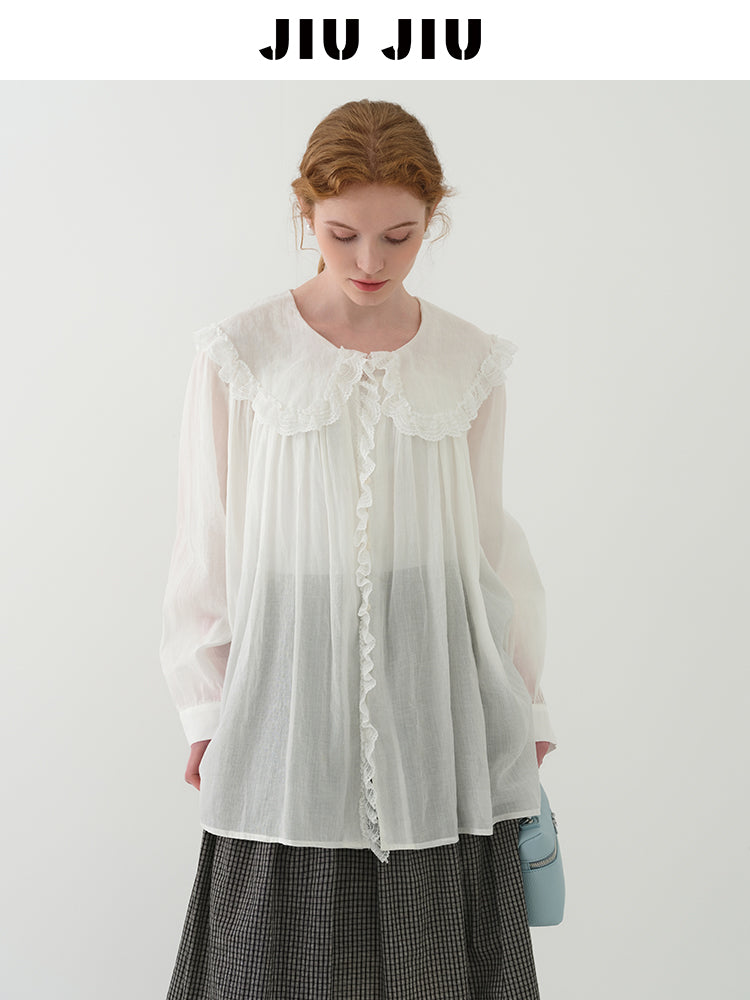 Lace Doll Collar Sheer Cotton Gauze Blouse