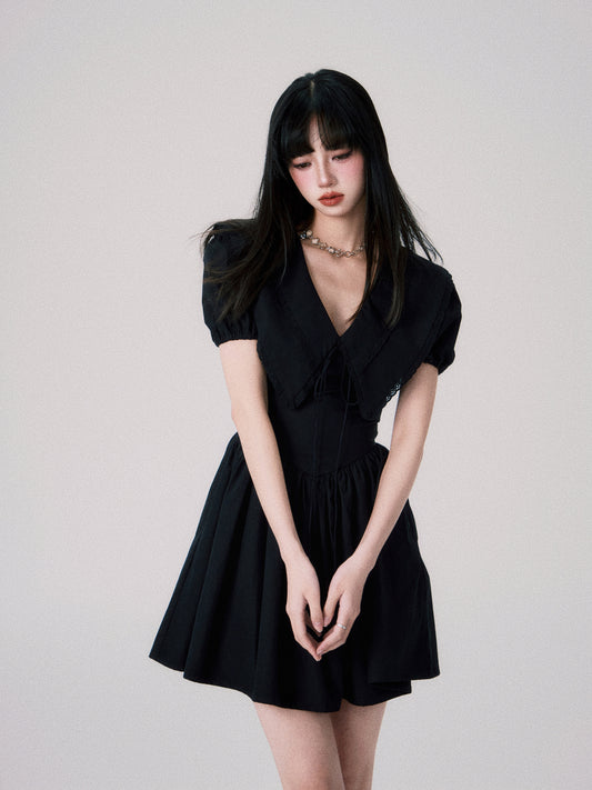 Statement Collar Short Puff Sleeve Dress