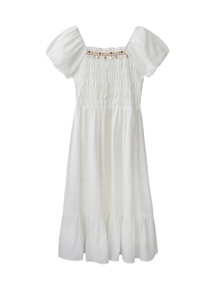 Bubble Sleeve Smocked Maxi Dress With Beaded Detail