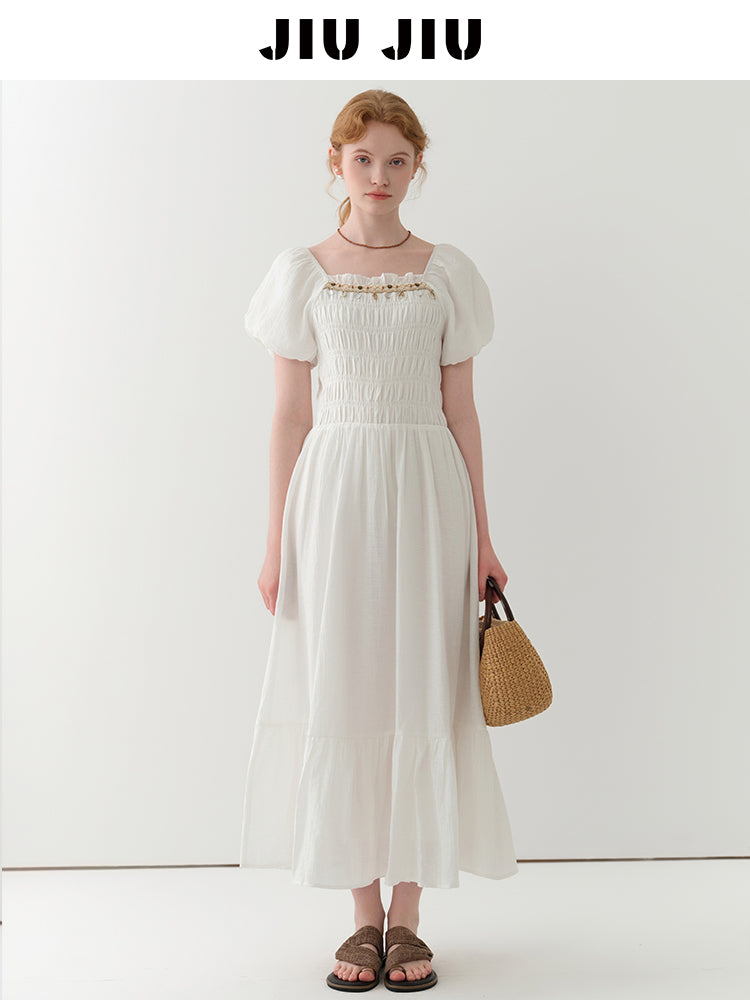 Bubble Sleeve Smocked Maxi Dress With Beaded Detail