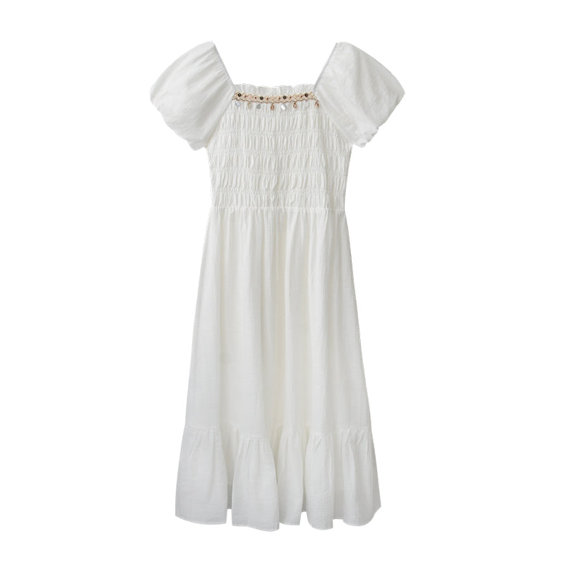 Bubble Sleeve Smocked Maxi Dress With Beaded Detail