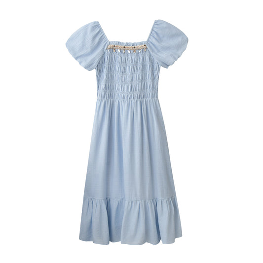 Bubble Sleeve Smocked Maxi Dress With Beaded Detail