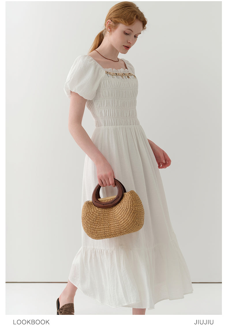 Bubble Sleeve Smocked Maxi Dress With Beaded Detail