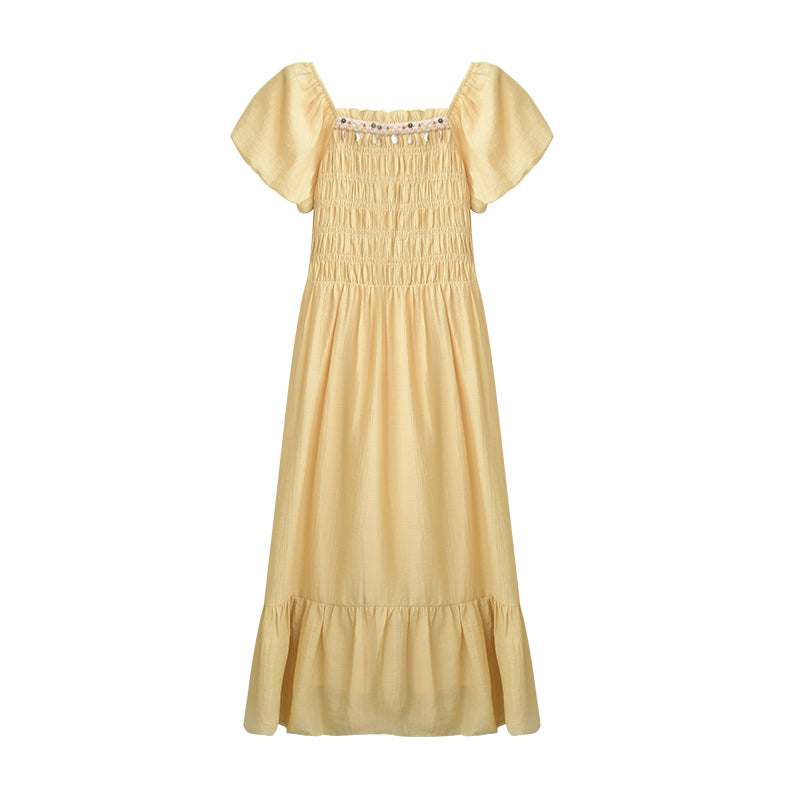 Bubble Sleeve Smocked Maxi Dress With Beaded Detail