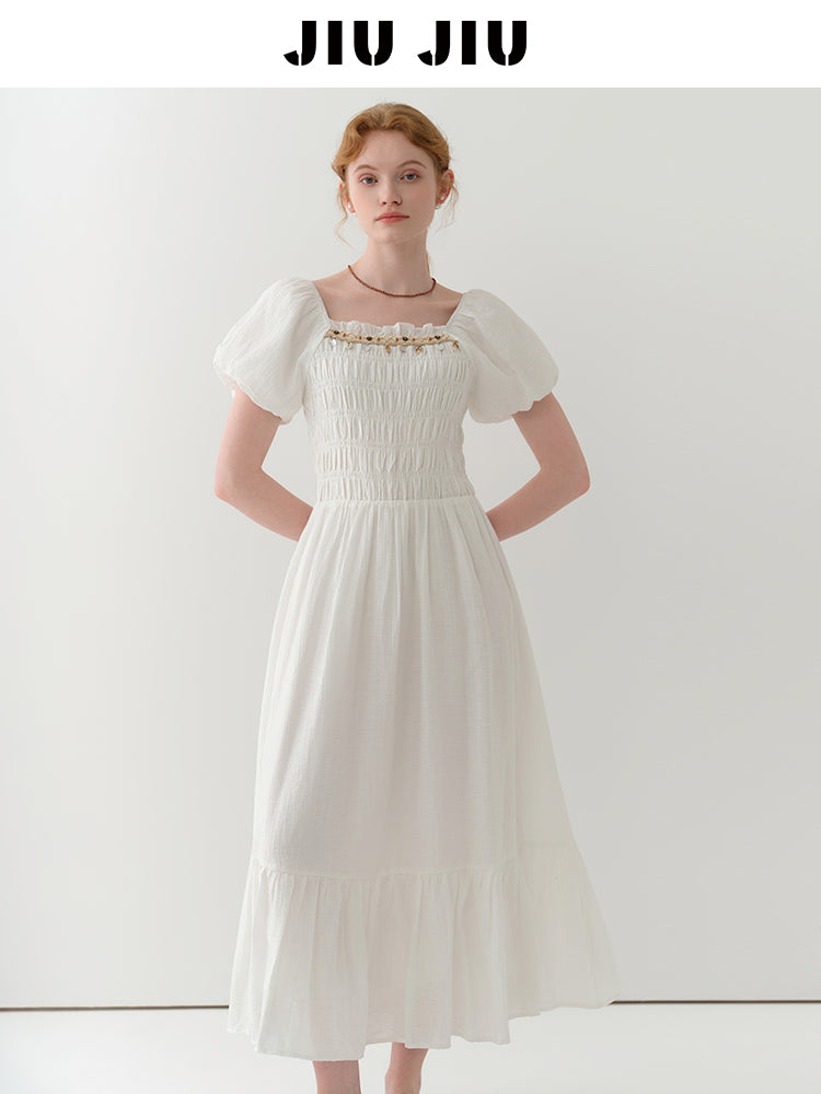 Bubble Sleeve Smocked Maxi Dress With Beaded Detail