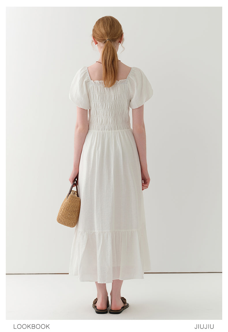 Bubble Sleeve Smocked Maxi Dress With Beaded Detail