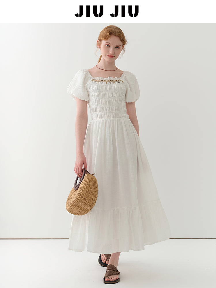 Bubble Sleeve Smocked Maxi Dress With Beaded Detail