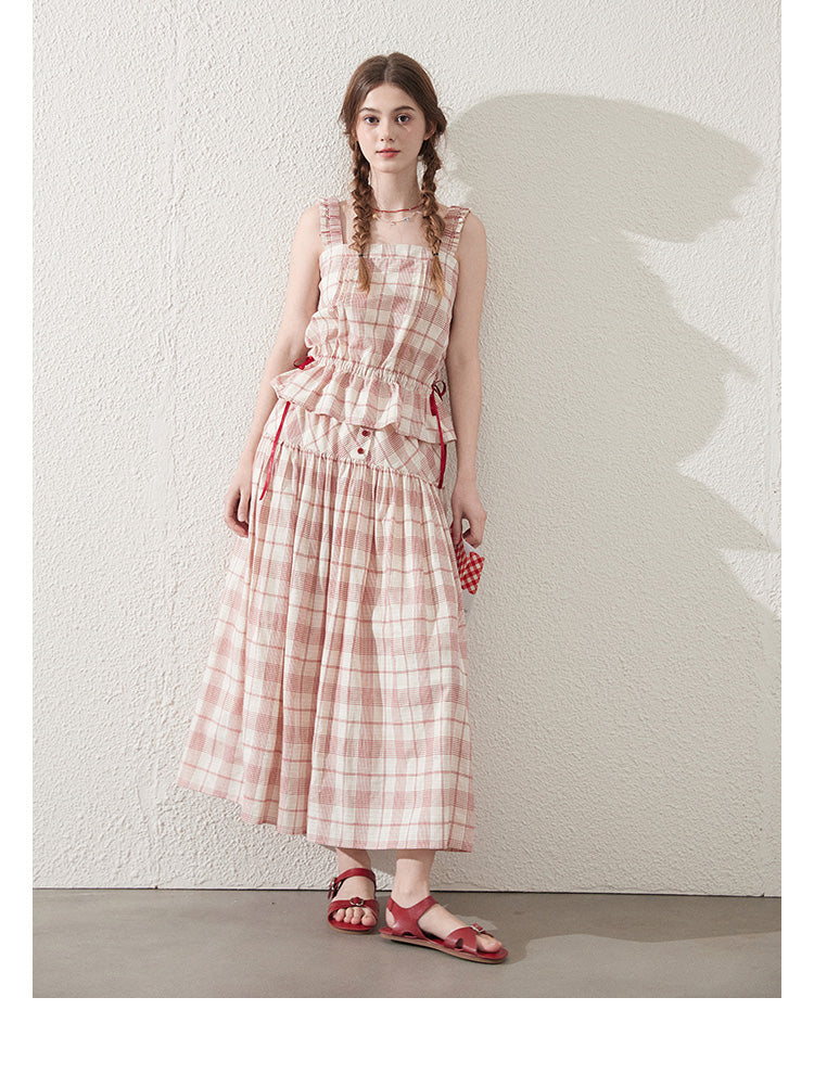 Sleeveless Cotton Plaid Top And Maxi Skirt With Buttons