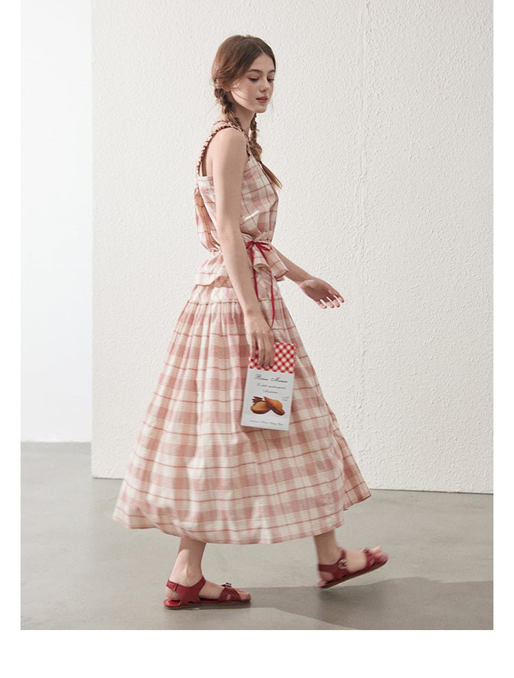 Sleeveless Cotton Plaid Top And Maxi Skirt With Buttons