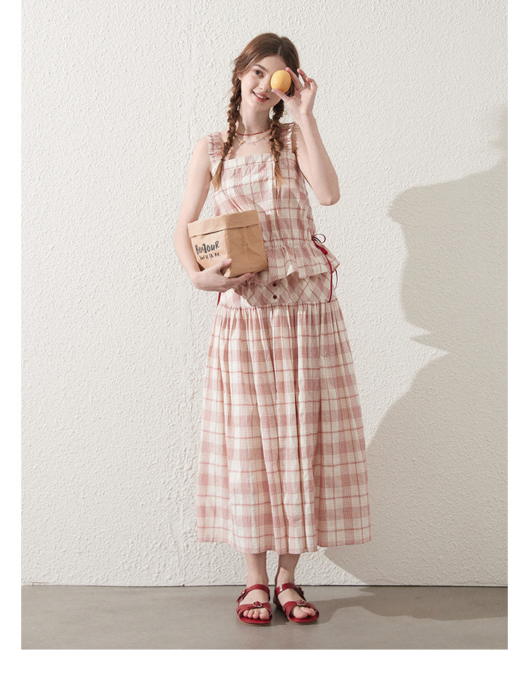 Sleeveless Cotton Plaid Top And Maxi Skirt With Buttons