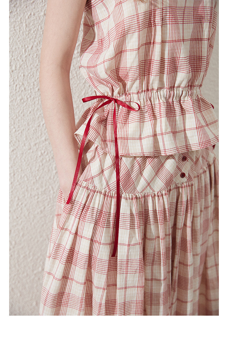 Sleeveless Cotton Plaid Top And Maxi Skirt With Buttons