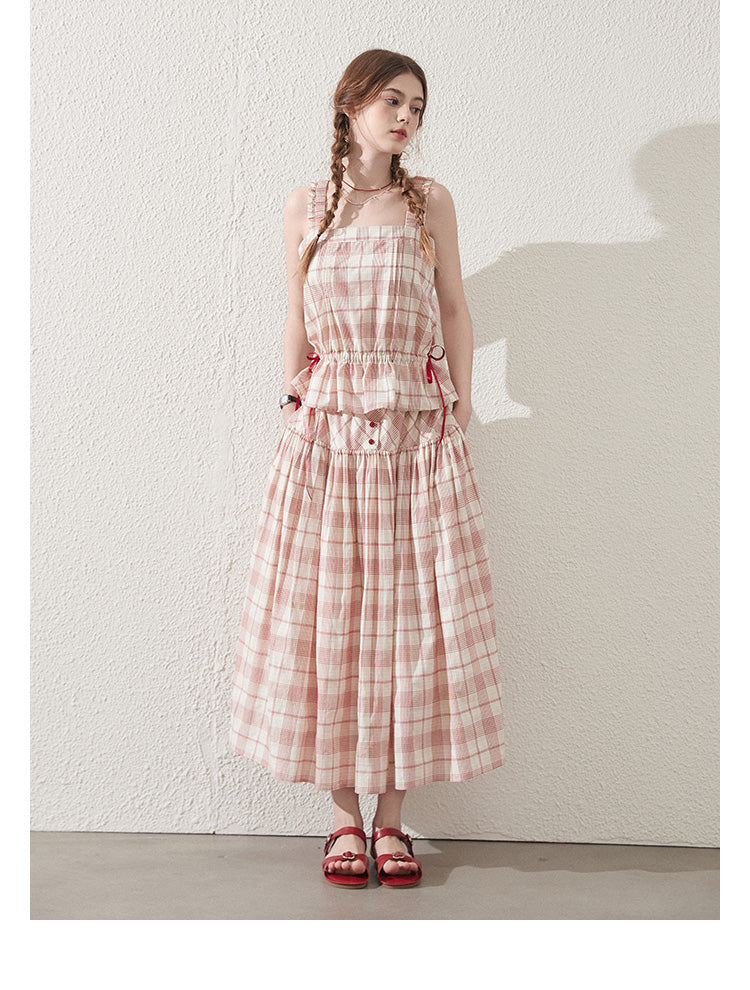 Sleeveless Cotton Plaid Top And Maxi Skirt With Buttons