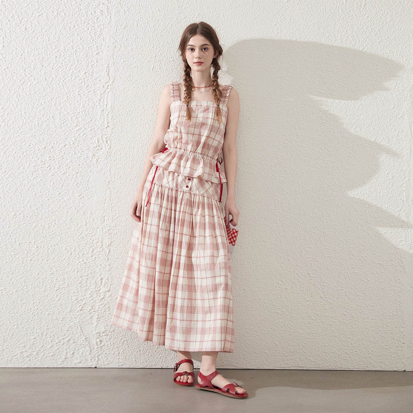 Sleeveless Cotton Plaid Top And Maxi Skirt With Buttons