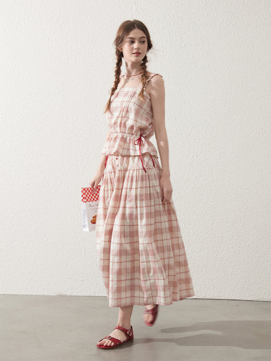 Sleeveless Cotton Plaid Top And Maxi Skirt With Buttons