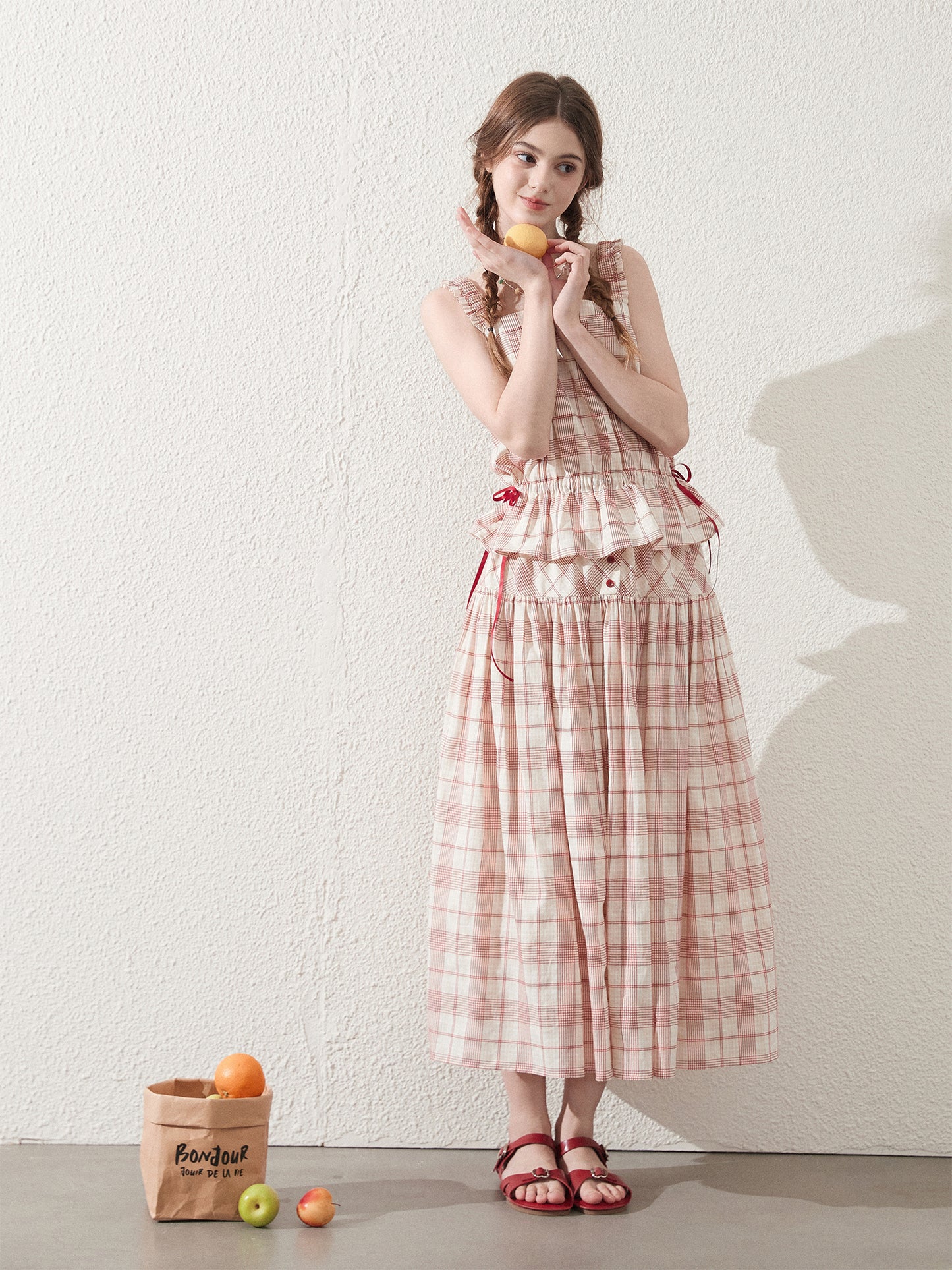Sleeveless Cotton Plaid Top And Maxi Skirt With Buttons