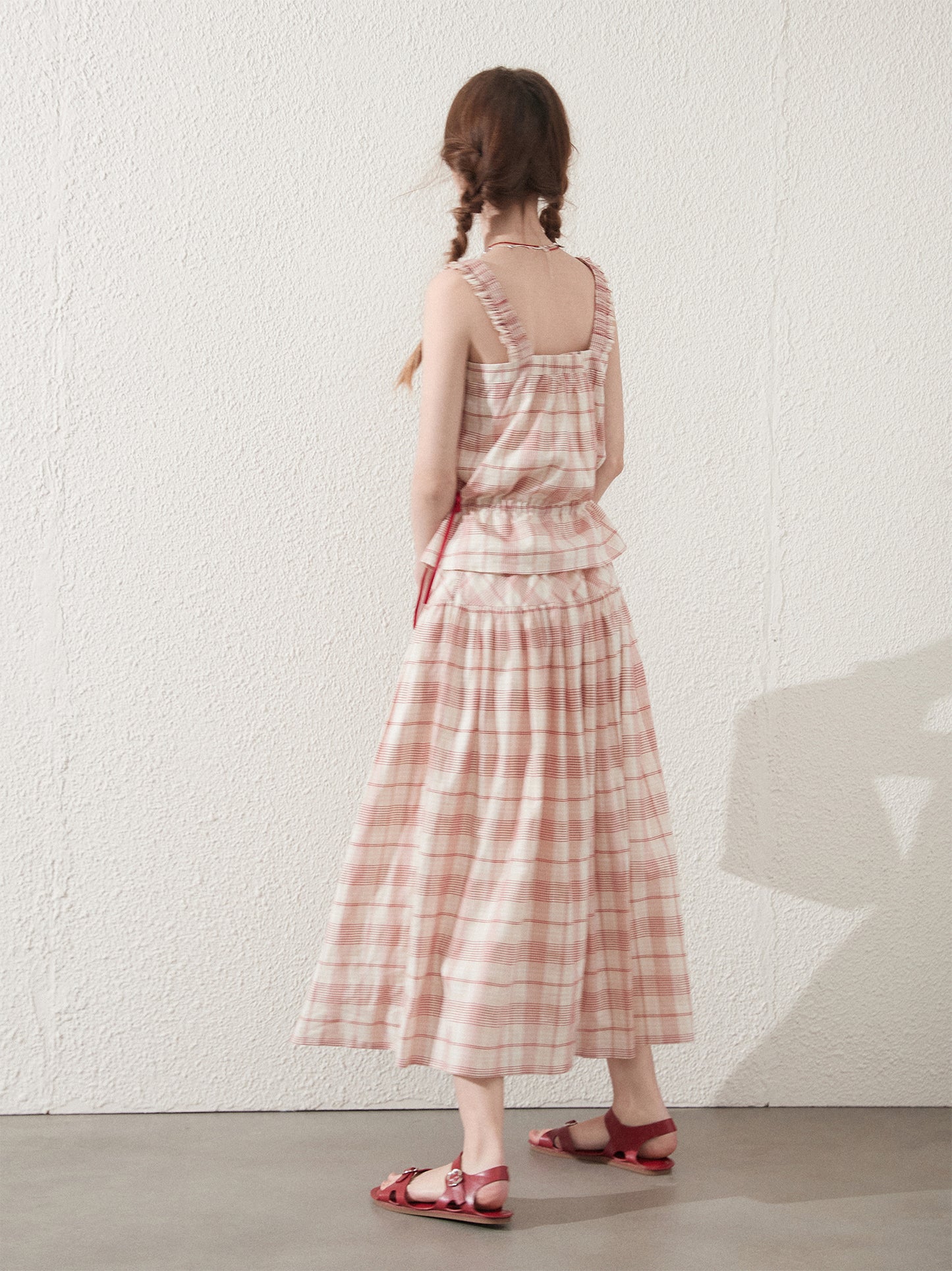 Sleeveless Cotton Plaid Top And Maxi Skirt With Buttons
